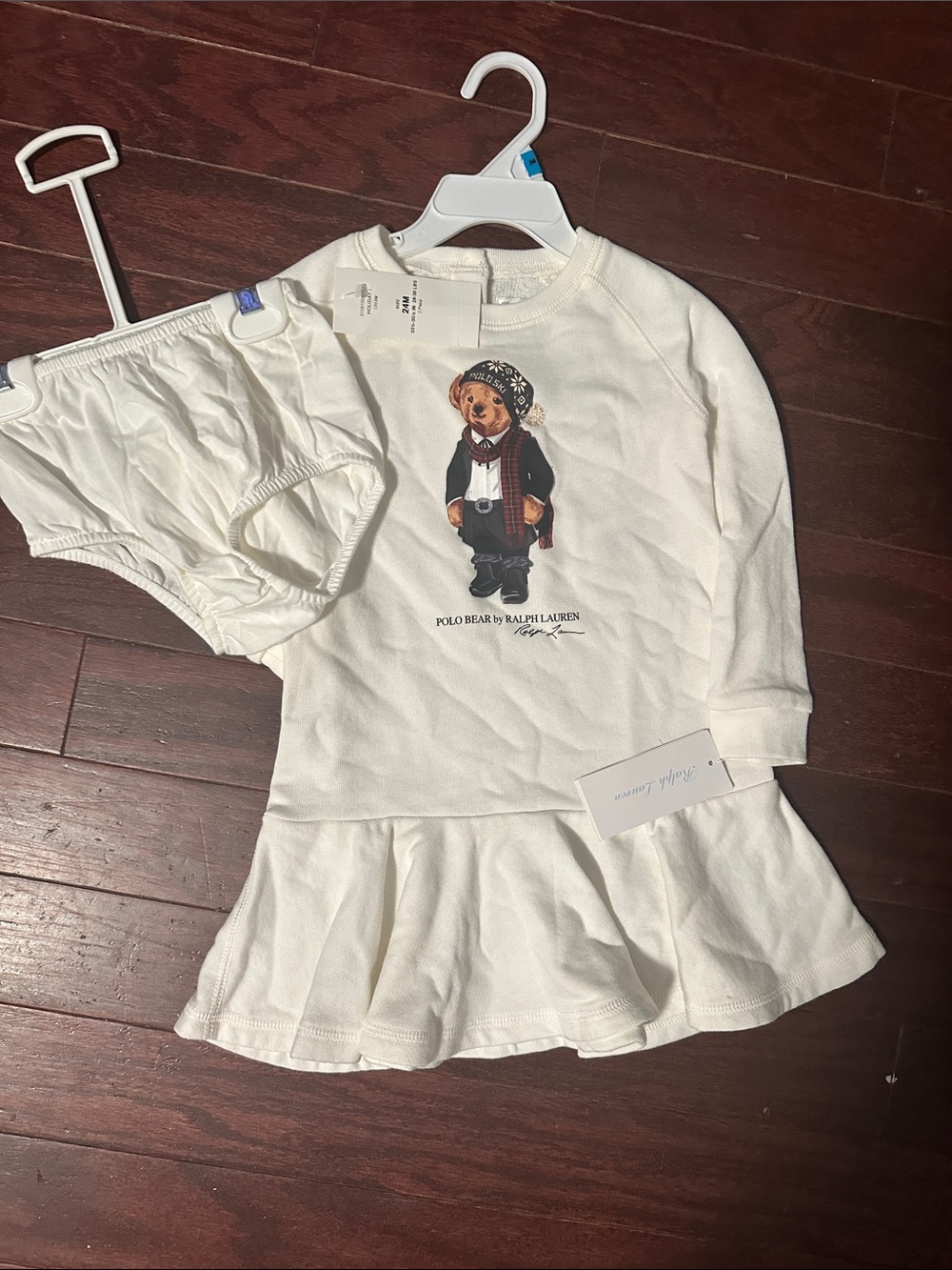 Ralph Lauren Cream Polo Bear Ruffle Hem Dress with Bloomers